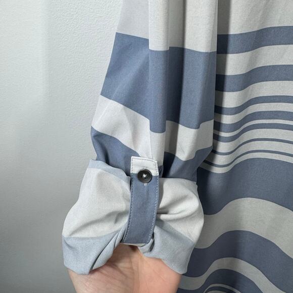 PrAna Top Women's L Striped Agnes Blue White Button Down Shirt Roll Tab Sleeves - Picture 5 of 6